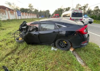 KEADAAN kereta Honda Civic yang terlibat dalam kemalangan meragut satu nyawa di Kilometer 57 Jalan Kuala Terengganu - Kota Bharu dekat Rhu 10, Setiu, Besut, Terengganu hari ini.