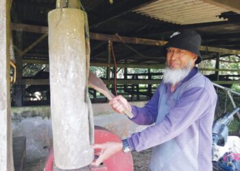 OTHMAN Yahya menunjukkan cara mengetuk kertuk bagi menghasilkan bunyi di Kampung Telaga Teluk Balai, Hulu Terengganu. –  UTUSAN/ NOOR HAYATI MAMAT