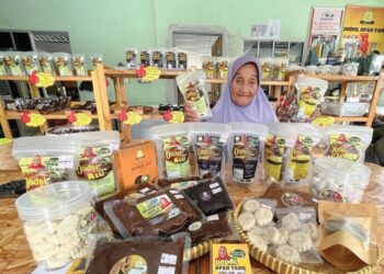 SAERAH Abdul Majid menunjukkan dodol dan kuih raya yang dihasilkan di Kampung Gajah di Pasir Salak. – UTUSAN/AIN SAFRE BIDIN