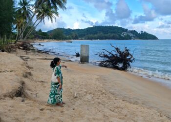 TUNKU Sara Eliza Tunku Ismail menunjukkan kesan hakisan dan pokok rhu tumbang yang terbiar begitu sahaja di Kampung Inn, Pantai Cherating Lama di Cherating, Kuantan, Pahang.