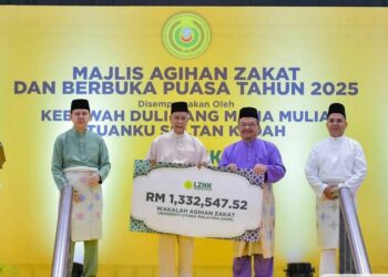 SULTAN Sallehuddin Sultan Badlishah berkenan menyempurnakan wakalah agihan zakat kepada UUM yang diterima Naib Canselor, Prof Datuk Dr Mohd Foad Sakdan pada majlis di Kompleks Pembangunan Asnaf LZNK di Mergong, Alor Setar.