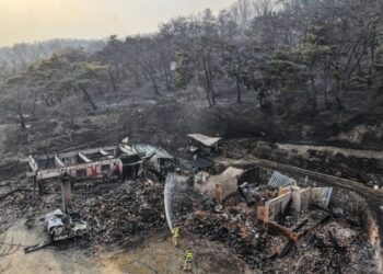 ANGGOTA bomba memadamkan kebakaran yang memusnahkan kuil Unramsa di Uiseong, Gyeongbuk, pada 23 Mac lalu.- AFP