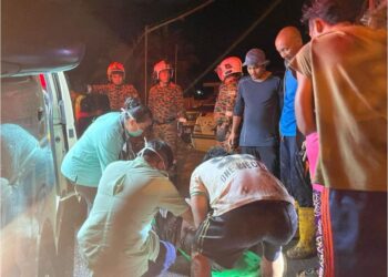 PASUKAN kesihatan memeriksa keadaan mangsa tertimbus tanah runtuh di Kampung Lok Bonu, Jalan Sepanggar di Kota Kinabalu hari ini-IHSAN BOMBA