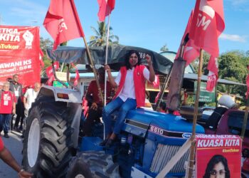 BAWANI KS menaiki traktor ke pusat penamaan calon PRK Ayer Kuning di Dewan Merdeka, Tapah hari ini. - UTUSAN