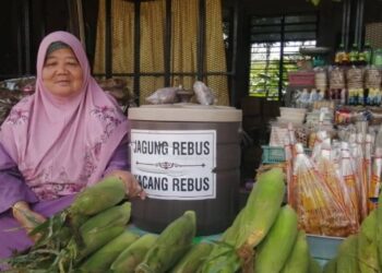 ZAHARAH IDRIS antara peniaga asal yang berniaga di gerai jagung Kampung Gaung, Kuala Berang, Hulu Terengganu sejak 1990-an.