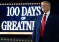 DONALD Trump menyampaikan ucapan sempena hari ke-100 pentadbirannya di Pusat Ekspo Sukan Kolej Komuniti Macomb County di Warren, Michigan.-AFP