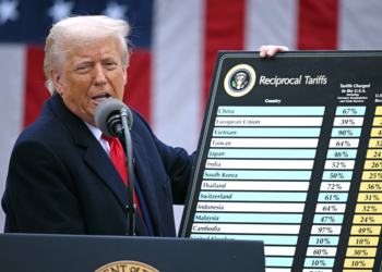 DONALD Trump menunjukkan senarai antara negara yang dikenakan tarif timbal balik di Washington. – AFP
