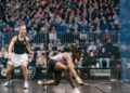 Sivasangari (kanan) sewaktu beraksi menentang Tinne Gilis pada separuh akhir Piala Grasshopper di Zurich Hauptbahnhof, Switzerland, semalam. - Ihsan PSA Squash