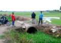 Gafar Mahmud (depan), Musa Arib dan Firdaus Musa menunjukkan parit yang dipenuhi rumput tebal hingga menyebabkan saliran air terhalang di Kampung Pinang, Klebang, Melaka. - UTUSAN/AMRAN MULUP
