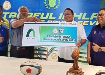 SIDANG akhbar majlis pra pelancaran Kejohanan Takaful Ikhlas Ragbi Diraja Perlis Terbuka 7 atau Perlis Royal 7s di Arauberry, Arau, Perlis hari ini.-UTUSAN