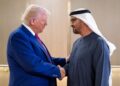 DONALD Trump berjabat tangan dengan Presiden Sheikh Mohamed bin Zayed al-Nahyan di Abu Dhabi, Emiriah Arab Bersatu kelmarin. – AFP