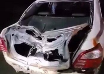 KEADAAN kereta Toyota Vios yang rosak teruk selepas diserang gajah liar di Kilometer 11, JRTB Jeli-Gerik di Gerik semalam.