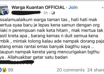 HANTARAN yang dibuat seorang pengguna Facebook dipercayai menantu mangsa menceritakan detik kejadian ‘samun’ berkenaan.