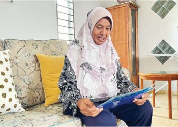HABIBAH Ismail membelek keratan akhbar peristiwa MH17 ketika ditemui di rumahnya, Tok Keling di Alor Setar, semalam.