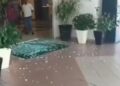 KEADAAN pintu kaca bangunan MPTI yang dipecahkan seorang lelaki di Teluk Intan hari ini. - UTUSAN