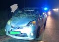 KEADAAN Perodua Alza dinaiki pasangan suami isteri yang remuk selepas merempuh sekumpulan gajah di Kilometer 50, Jalan Johor Bahru-Mersing.