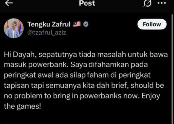 Ciapan Tengku Zafrul di media sosial, X membantu menyelesaikan masalah 'power bank' di Axiata Arena, Bukit Jalil, Kuala Lumpur, hari ini.