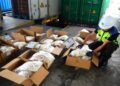 SEORANG anggota Maqis Pulau Pinang memeriksa produk ikan sejuk beku yang mengandungi DNA babi dan ayam dari China di pintu masuk NBCT, Butterworth, Pulau Pinang hari ini.
