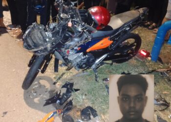 KEADAAN motosikal Muhammad Shafie Sha’ari (gambar kecil) selepas merempuh bahagian hadapan MPV di simpang Jalan Tanjung Minyak, Bukit Rambai, Melaka.