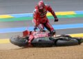PELUMBA Ducati, Francesco Bagnaia ketika mengalami kemalangan pada perlumbaan pecut di Litar Le Mans, Perancis, semalam. - AFP