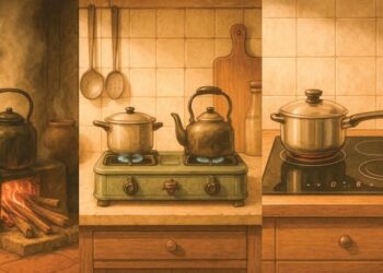 Evolusi dapur untuk memasak. Kini periuk nasi, periuk pemasak tekanan, pengisar dan oven kesemuanya menggunakan elektrik.