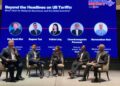 MODERATOR, Hor Kwok Wai (kiri) bersama barisan panel semasa diskusi panel bertajuk Menangani Landskap Tarif: Kesan terhadap Perniagaan Malaysia & Ekonomi Global di Sofitel, hari ini. UTUSAN/SABRINA ZULKIFLI
