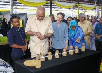 SULTAN Nazrin Muizzuddin Shah dan Tuanku Zara Salim pada  majlis perasmian Pusat Pengeluaran Benih Padi Sah PPN di Parit Buntar. - UTUSAN/MUHAMAD NAZREEN SYAH MUSTHAFA