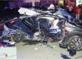 KEADAAN Perodua Bezza yang remuk dalam kemalangan di Kilometer 7, Jalan Jerantut-Maran berdekatan Jerantut Feri di Jerantut, Pahang. 
– IHSAN JBPM PAHANG