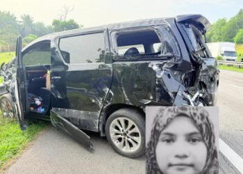 KEADAAN kereta Toyota Vellfire yang terbabit kemalangan di Kilometer 189.1 PLUS arah selatan dekat Kesang, Jasin, Melaka yang mengorbankan Iris Sofea Mohamed Siddiq Khan (gambar kecil).