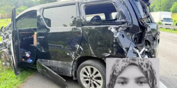 KEADAAN kereta Toyota Vellfire yang terbabit kemalangan di Kilometer 189.1 PLUS arah selatan dekat Kesang, Jasin, Melaka yang mengorbankan Iris Sofea Mohamed Siddiq Khan (gambar kecil).
