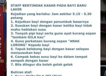 TANGKAP layar laporan yang dibuat ke atas petugas kesihatan di sebuah hospital di Kelantan selepas didakwa bertindak kasar kepada seorang bayi yang baru dilahirkan.
