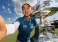 PEMAIN Australia, Minjee Lee bergambar bersama trofi selepas memenangi Kejohanan Golf PGA Wanita di Texas, Amerika Syarikat (AS), kelmarin. - AFP