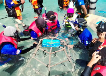 PELAJAR Sekolah Menengah Kebangsaan Kuala Besut mengikat benih batu karang di kerangka besi khas sebelum di bawa ke dasar laut di Taman Laut di Pulau Perhentian, Besut, Terengganu. – UTUSAN/WAN ZURATIKAH IFFAH WAN ZULKIFLI