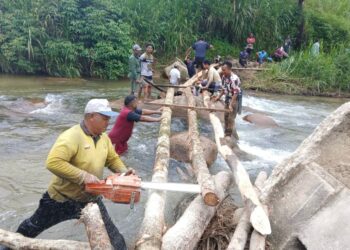 MASYARAKAT Orang Asli bergotong-royong membina jambatan sementara untuk kemudahan mereka di Pos Balar, Gua Musang, Kelantan.