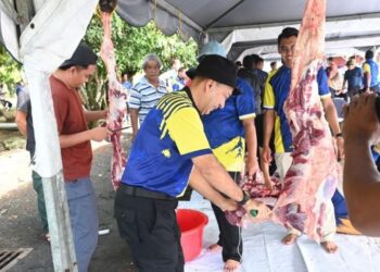 ZALIMAN Sauli (dua dari kiri) melapah daging pada majlis ibadah korban dan akidah 2025 Unimap di dataran parkir bas Kubang Gajah, Arau, Perlis, kelmarin.