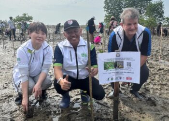 JAMIL HASNI Abdullah (dua dari kanan) menanam pokok bakau ketika merasmikan Projek Pemuliharaan Hutan Paya Laut Dipacu oleh Masyarakat Setempat bagi tempoh 2025 hingga 2027 di Kompleks Balai Raya Kampung Tenglu Laut, Mersing, Johor.