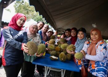 PENDUDUK dan kakitangan KEDA menunjukkan durian yang ditanam di kebun sekitar Pedu yang semakin mendapat permintaan ketika Pesta Durian@ Pedu di Kampung Kepala Batas, Padang Terap. - UTUSAN/SHAHIR NOORDIN
