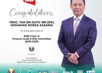 PERSATUAN Badminton Malaysia (BAM) merakamkan ucapan tahniah kepada Presiden Kehormat Seumur Hidup, Tan Sri Mohamad Norza Zakaria atas pelantikan beliau sebagai Pengerusi Jawatankuasa Kewangan, Audit dan Risiko Persekutuan Badminton Dunia (BWF), hari ini. - IHSAN BAM