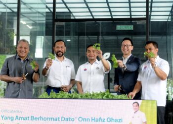 ONN Hafiz Ghazi menunjukkan sayur `ice  plant’ sempena Majlis Pelancaran Projek Ladang Menegak Dalaman FarmByte Archisen di Iskandar Puteri di sini, hari ini. - UTUSAN/RAJA JAAFAR ALI