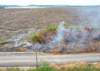 KAWASAN tepi Tasik Bukit Merah yang terbakar ketika tinjauan di Bagan Serai, Perak, semalam. – UTUSAN/WAT KAMAL ABAS
