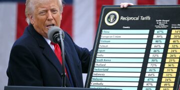 DONALD Trump menunjukkan carta mengenai tarif timbal balik dalam acara 'Make America Wealthy Again' di Rose Garden, Rumah Putih, di Washington, DC, pada 2 April lalu.- AFP