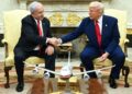 DONALD Trump berjabat tangan dengan Benjamin Netanyahu semasa pertemuan di Pejabat Oval, Rumah Putih, Washington. – AFP