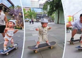 AKSI comel Juanjuan bermain papan luncur di kawasan taman di Chengdu memukau ramai warganet yang melihatnya. – AGENSI