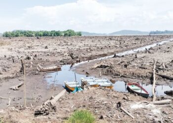 KEADAAN Tasik Bukit Merah di Bagan Serai, Perak yang kering berikutan cuaca panas sejak kebelakangan ini. – UTUSAN/WAT KAMAL ABAS