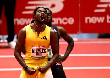 NOAH Lyles ketika bertanding dalam acara 60 meter (m) lelaki semasa Grand Prix Tertutup New Balance di Boston, Massachusetts Februari lalu. - AFP