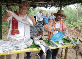 Penduduk berpakaian tradisional era sebelum merdeka  sedang berjaja ikan liar Sungai Pahang sempena Program Budaya @ Komuniti di Kampung Kedondong, Pulau Tawar, Jerantut baru-baru ini. – utusan/HARIS FADILAH AHMAD