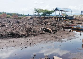KEADAAN Tasik Bukit Merah di Bagan Serai yang kering berikutan cuaca panas. - UTUSAN/WAT KAMAL ABAS