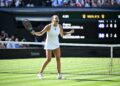 ARYNA Sabalenka meraikan kejayaan ke atas pemain Jerman, Laura Siegemund semasa perlawanan tenis suku akhir perseorangan wanita pada Kejohanan Tenis Wimbledon 2025 di The All England Lawn Tennis and Croquet Club, semalam. - AFP
