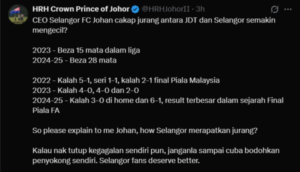 Tunku Ismail tempelak CEO Selangor: jangan bodohkan penyokong setia 1 TMJ Jurang JDT Selangor