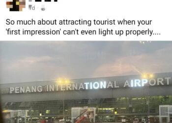 TANGKAP layar hantaran di Facebook mengenai keadaan lampu papan tanda LTAPP atau Penang International Airport (PIA) yang tidak menyala dengan sempurna, baru-baru ini.